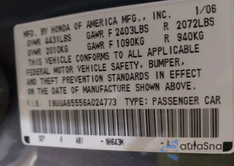 2006 Acura Tl from USA, damaged, VIN 19UUA65556A024773